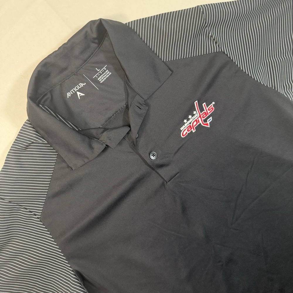 Antigua Washington Capitals Polo Shirt Men Large Black NHL Striped Golf